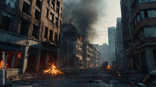 Fototapeta Naklejka Na Ścianę i Meble -  A city interior with burning buildings and zombie hordes.