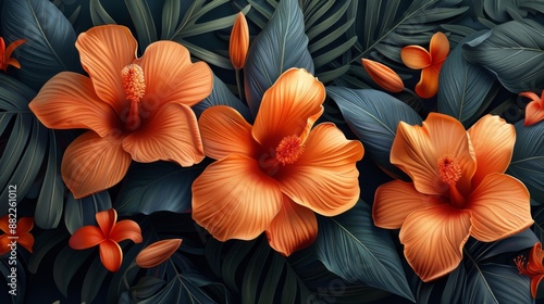 Vibrant Orange Hibiscus Blooms Amongst Lush Green Foliage