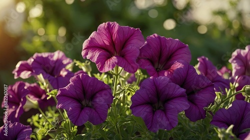 A lush garden of vibrant purple petunias basks in the warm glow of sunlight. photo