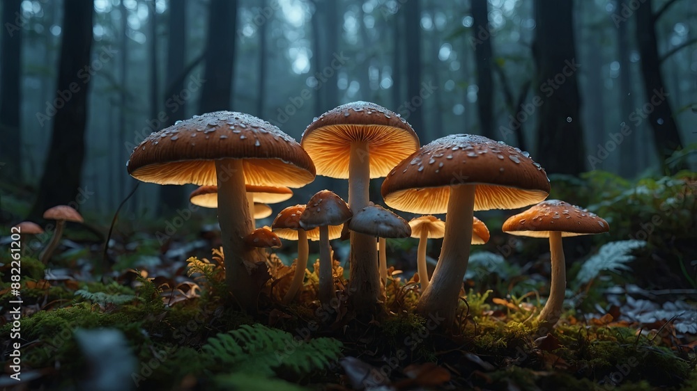 A misty forest floor covered in glowing mushrooms. A misty forest floor covered in glowing mushrooms.