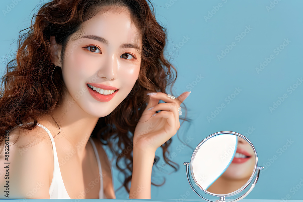 Pretty Asian beauty woman curly long hair with Korean makeup glowing face and healthy facial skin portrait smile and looking at mirror on isolated blue background. Pretty Asian beauty woman curly long hair with Korean makeup glowing face and healthy facial skin portrait smile and looking at mirror on isolated blue background.