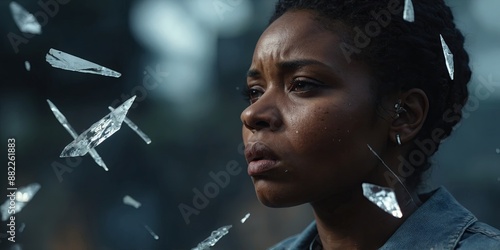 A sad black woman looking tough a shattered glass depression, trauma, racism Grief and longing Shards of broken glass.