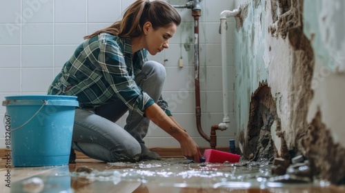 The woman repairing pipes photo