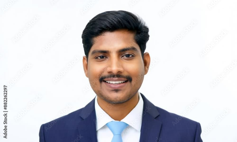 Confident indian businessman in sharp suit smiles against white background, radiating success and positivity. Perfect for business concepts Confident indian businessman in sharp suit smiles against white background, radiating success and positivity. Perfect for business concepts