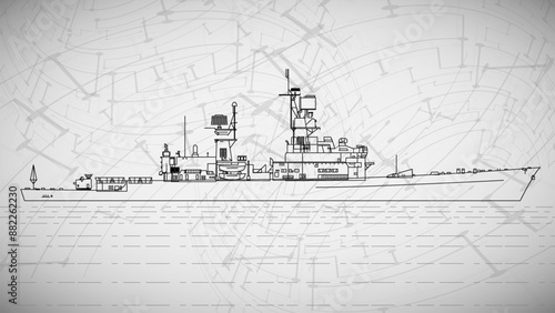 Tanker ship model. Line art sketch wallpaper of water transportation series. Drafting art.