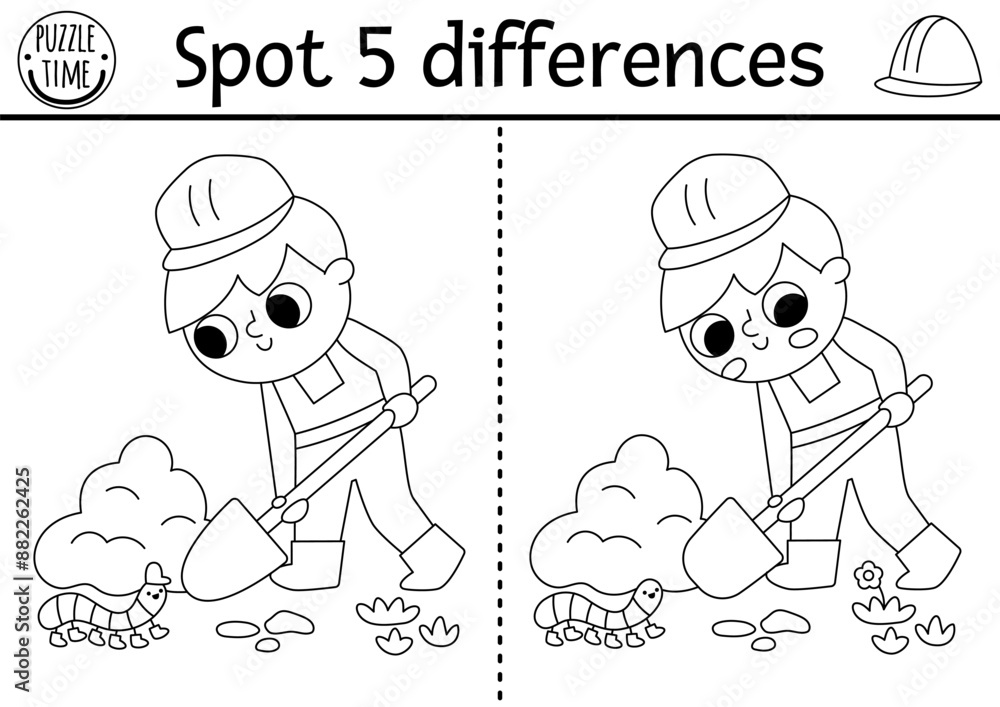 Find differences black and white game. Construction site educational activity with boy digging pit. Cute puzzle for kids with funny worker. Printable worksheet, coloring page for logic and attention Find differences black and white game. Construction site educational activity with boy digging pit. Cute puzzle for kids with funny worker. Printable worksheet, coloring page for logic and attention