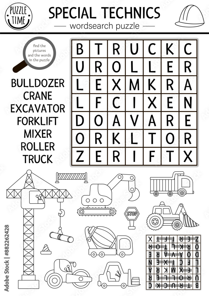 Vector black and white construction site wordsearch puzzle for kids ...