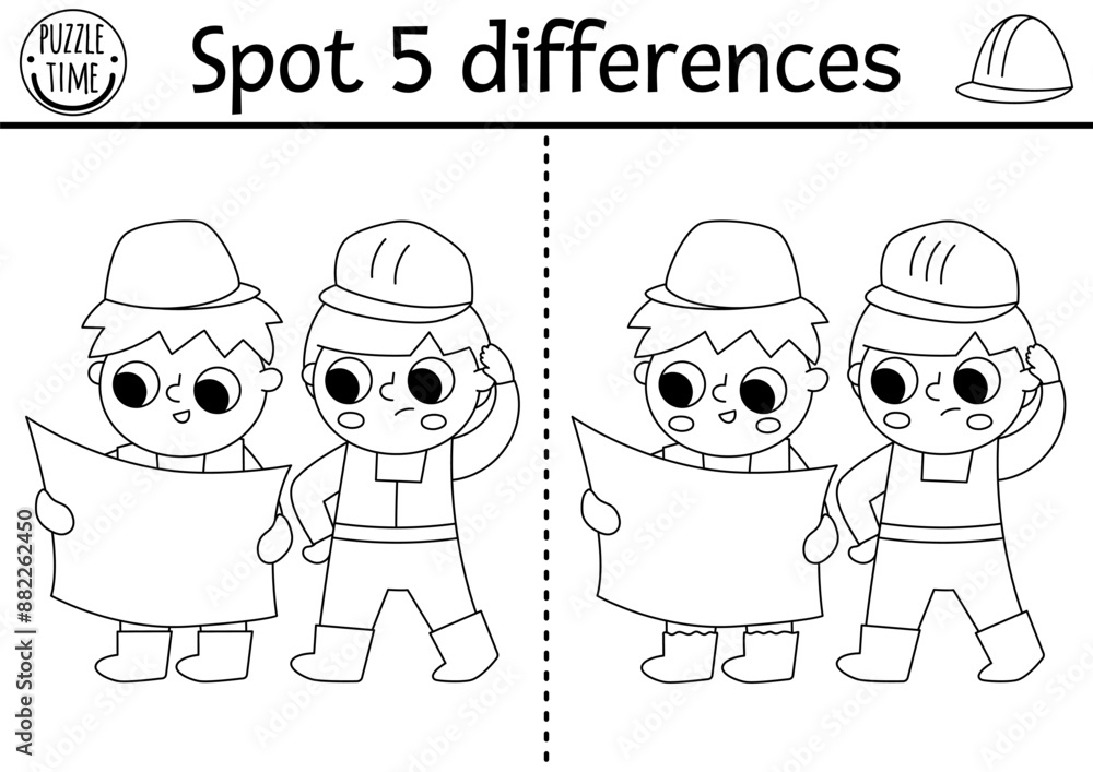 Find differences black and white game for children. Construction site ...