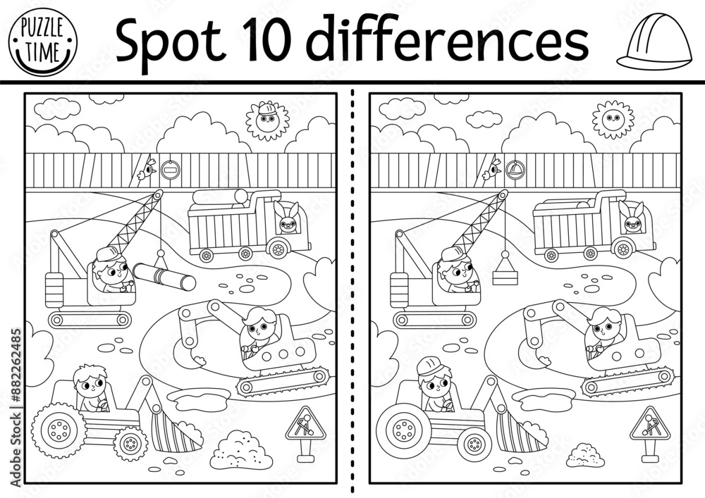 Find differences black and white game for children. Educational activity with workers repairing road. Puzzle for kids with builders. Printable worksheet, coloring page with construction site scene Find differences black and white game for children. Educational activity with workers repairing road. Puzzle for kids with builders. Printable worksheet, coloring page with construction site scene