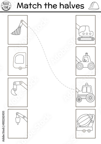 Construction site black and white connect the halves worksheet.  Building works matching game with bulldozer, concrete mixer, truck, tractor. Match back and front activity or coloring page