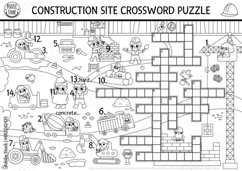 Vector black and white crossword puzzle for kids with construction site landscape. Quiz with workers, industrial vehicles. Educational cross word activity or coloring page with building works scene