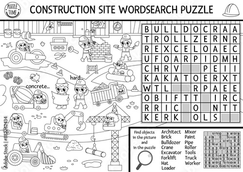 Vector black and white wordsearch puzzle for kids with construction site landscape. Word search quiz, coloring page with workers, tools, industrial vehicles. Educational cross word activity