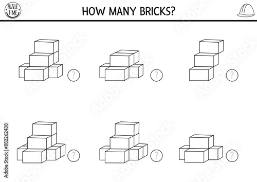 3d counting construction site black and white game with bricks. Math and logical activity for kids with building material. Educational counting worksheet. How many blocks coloring page