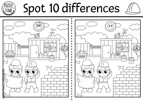 Find differences black and white game for children. Educational activity with boy engineers and construction site scene. Cute puzzle for kids with worker. Printable worksheet, coloring page
