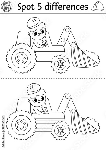 Find differences black and white game for children. Construction site educational activity with boy driver in excavator. Cute puzzle for kids with worker. Printable worksheet, coloring page