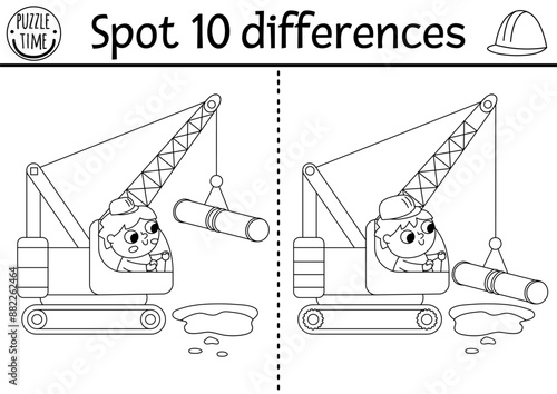 Find differences black and white game for children. Construction site educational activity with boy driver in crane lifting pipe. Cute puzzle for kids with worker. Printable worksheet, coloring page