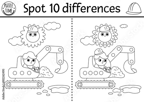 Find differences black and white game for children. Construction site educational activity with boy driver in excavator digging pit. Puzzle for kids with worker. Printable worksheet, coloring page