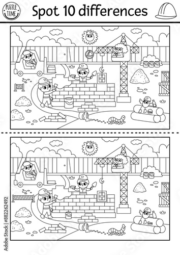 Find differences black and white game for children. Educational activity with workers. Puzzle for kids with builders. Printable worksheet, coloring page with construction site scene