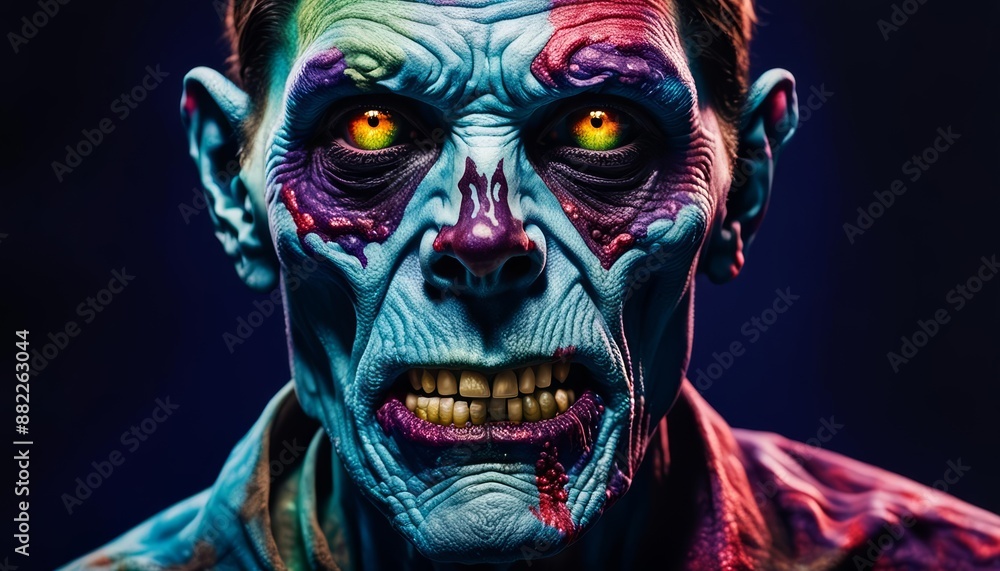 A spooky zombie with glowing eyes up close. A spooky zombie with glowing eyes up close.