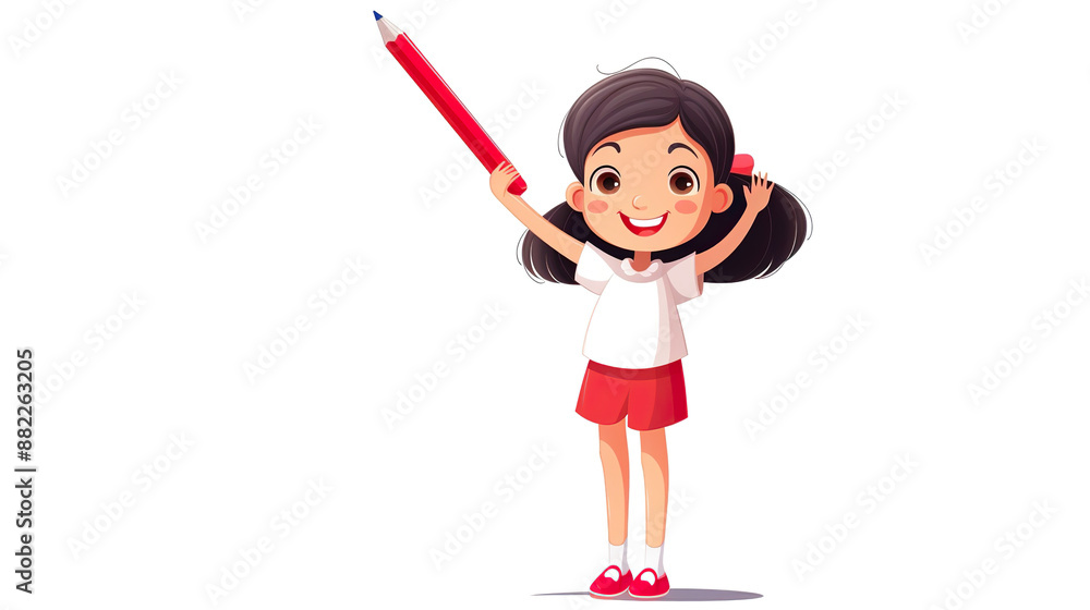 isolated white background with a girl holding a large pencil isolated white background with a girl holding a large pencil