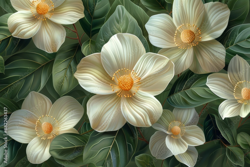 Naklejka premium Close-up of Delicate White Flowers Blooming Amongst Lush Green Leaves