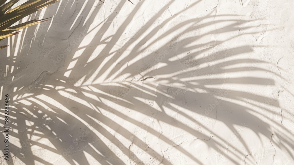Fototapeta premium Abstract shadow black white palm leaf shadow on a white wall Background. Blank copy space.