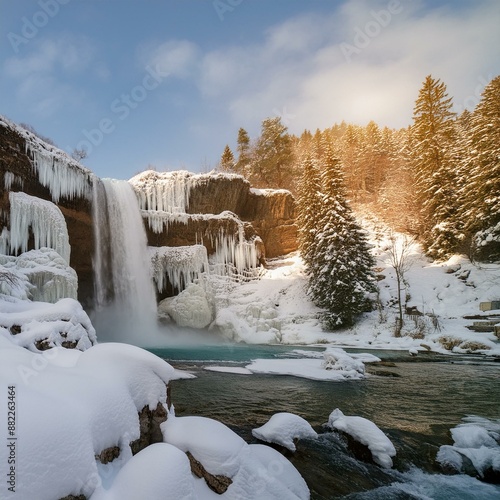 햇살이 내리 쬐는 겨울 폭포, Winter waterfall bathed in sunlight