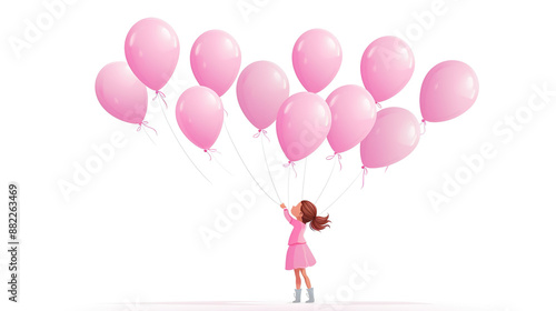 isolated white background with a girl holding pink balloons