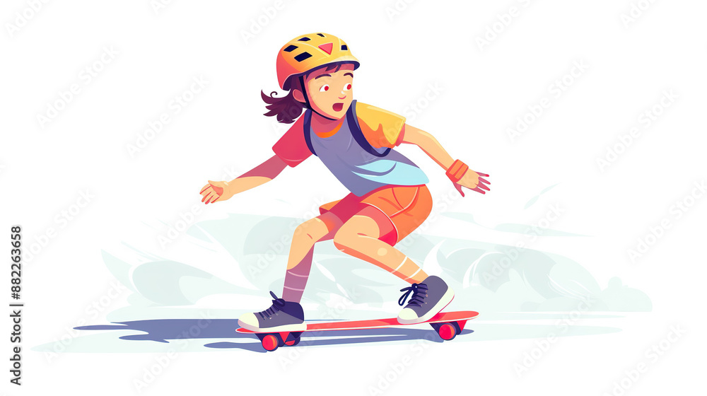 Fototapeta premium Girl skating on a skateboard while wearing safety goggles, isolated on a white background