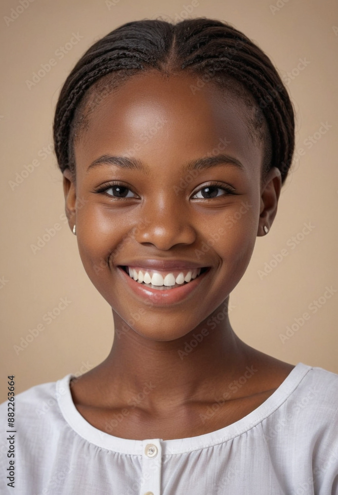 Portrait view of a regular happy smiling Benin girl, ultra realistic, candid, social media, avatar image, plain solid background Portrait view of a regular happy smiling Benin girl, ultra realistic, candid, social media, avatar image, plain solid background