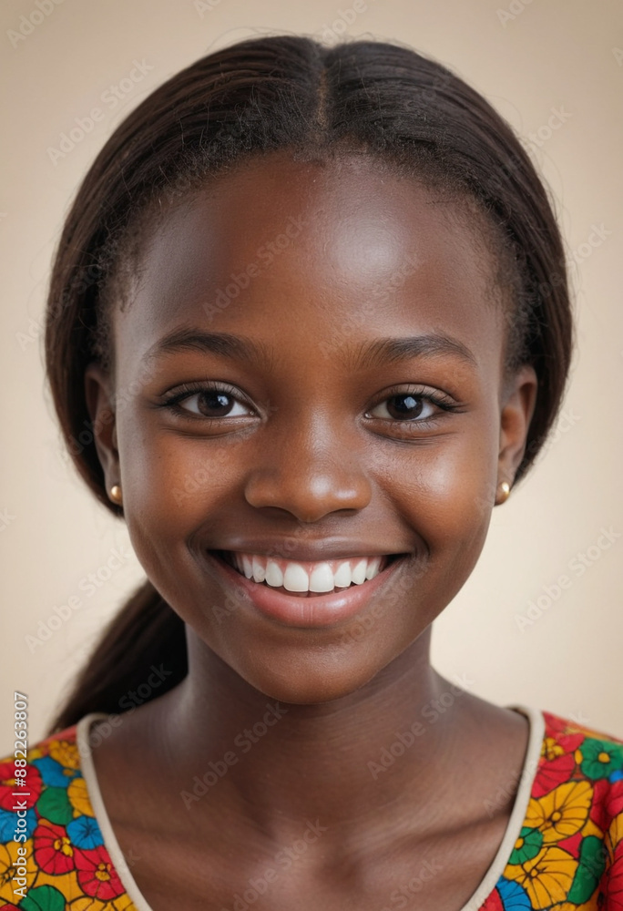 Portrait view of a regular happy smiling Burkina Faso girl, ultra realistic, candid, social media, avatar image, plain solid background