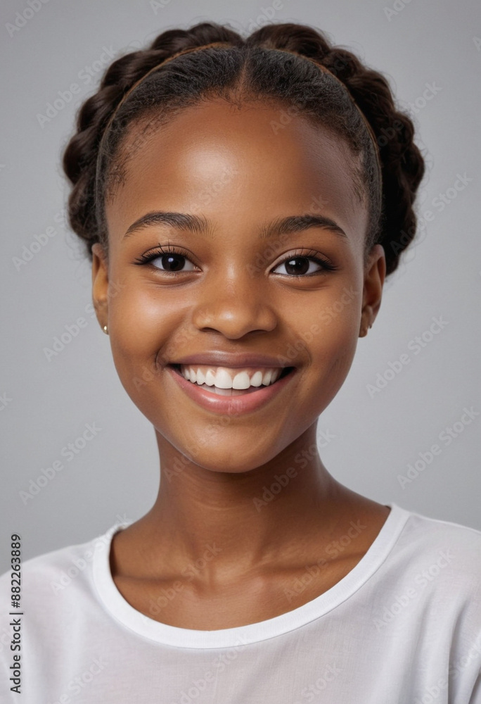 Portrait view of a regular happy smiling Cameroon girl, ultra realistic, candid, social media, avatar image, plain solid background Portrait view of a regular happy smiling Cameroon girl, ultra realistic, candid, social media, avatar image, plain solid background