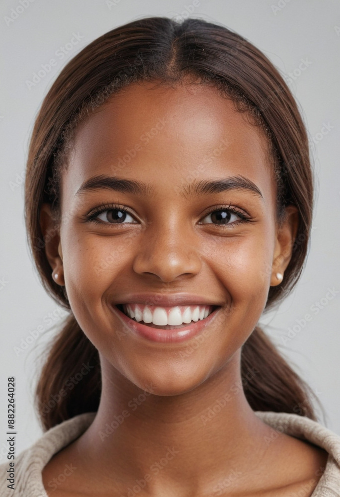 Portrait view of a regular happy smiling Comoros girl, ultra realistic, candid, social media, avatar image, plain solid background Portrait view of a regular happy smiling Comoros girl, ultra realistic, candid, social media, avatar image, plain solid background
