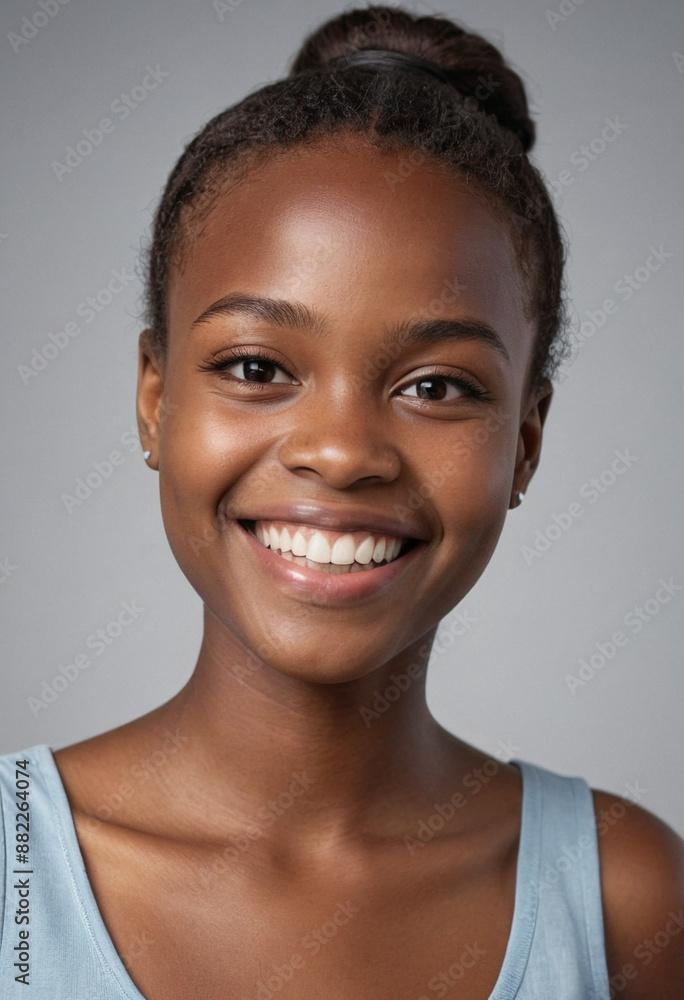 Portrait view of a regular happy smiling Congo girl, ultra realistic, candid, social media, avatar image, plain solid background Portrait view of a regular happy smiling Congo girl, ultra realistic, candid, social media, avatar image, plain solid background