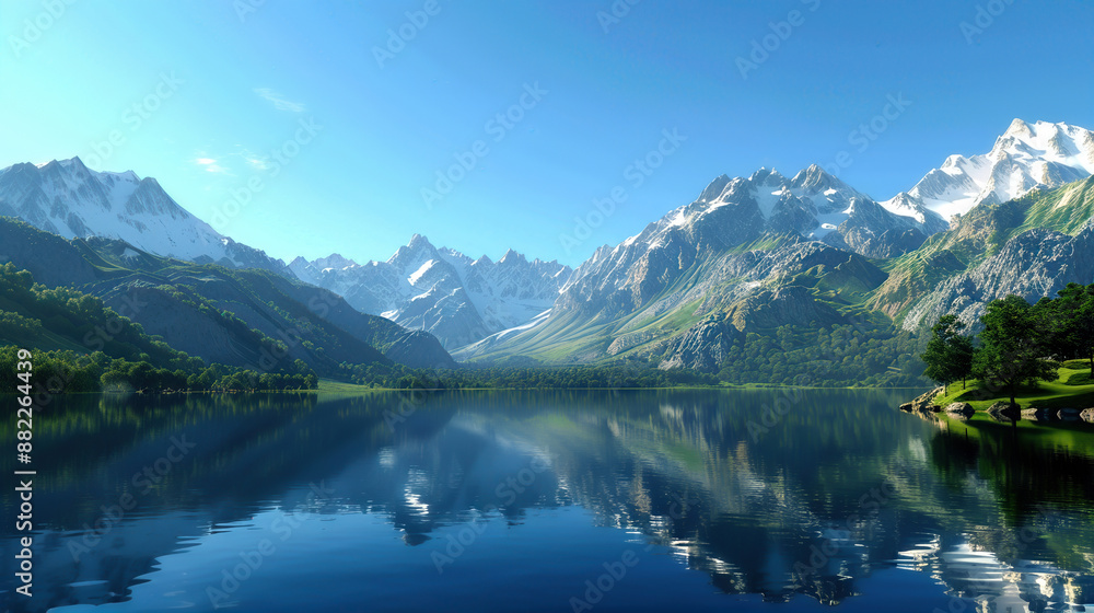 Scenic view of serene mountain lake reflecting snow-capped peaks and lush green forest under a clear blue sky. High Quality