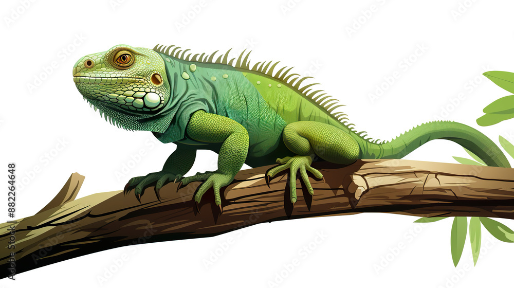 Isolated green iguana on a branch against a white background Isolated green iguana on a branch against a white background