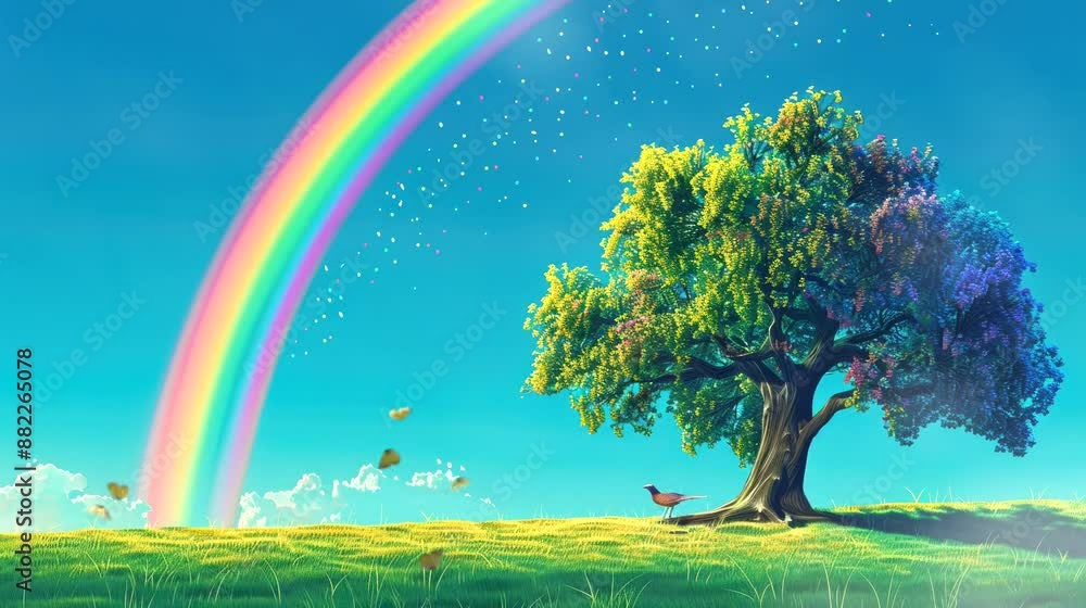 beautiful nature with rainbow on green and green grass video animation background Seamless looping time-lapse 4k quality beautiful nature with rainbow on green and green grass video animation background Seamless looping time-lapse 4k quality