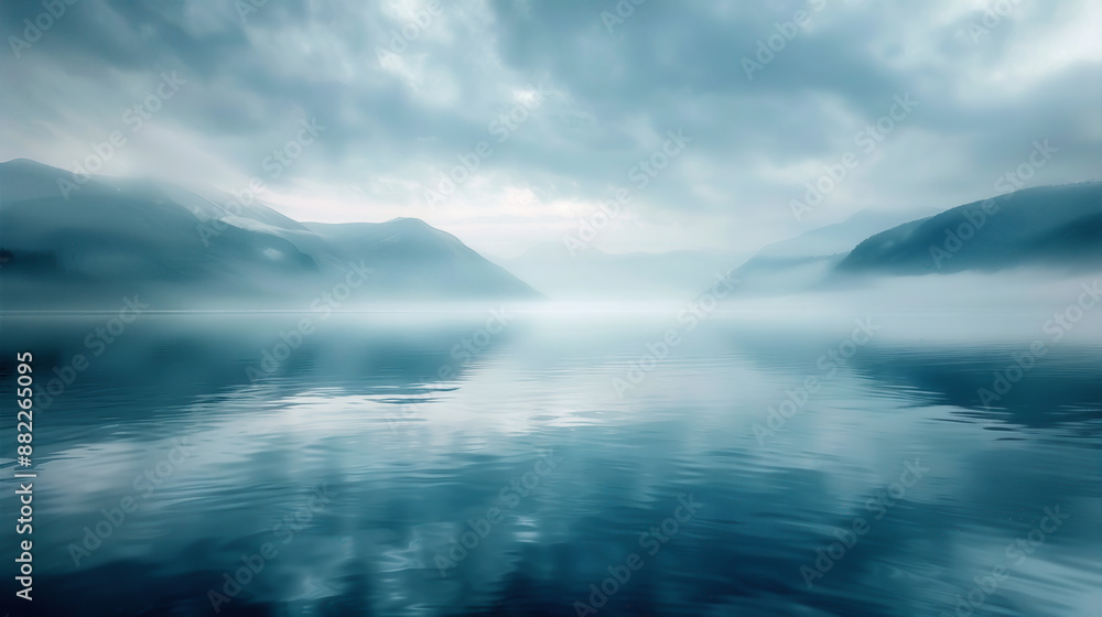 Fototapeta premium Serene misty mountain lake reflecting cloudy sky, creating a tranquil, ethereal scene of natural beauty and peaceful solitude. High Quality