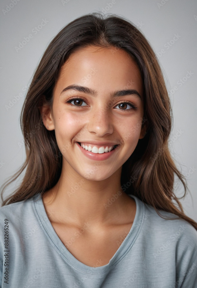 Portrait view of a regular happy smiling Tunisia girl, ultra realistic, candid, social media, avatar image, plain solid background Portrait view of a regular happy smiling Tunisia girl, ultra realistic, candid, social media, avatar image, plain solid background