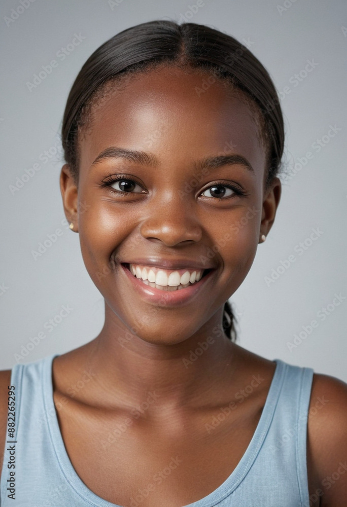 Portrait view of a regular happy smiling Zimbabwe girl, ultra realistic, candid, social media, avatar image, plain solid background