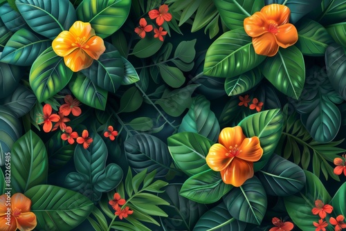 Tropical Floral Tapestry: A Lush Green and Orange Symphony © racesy