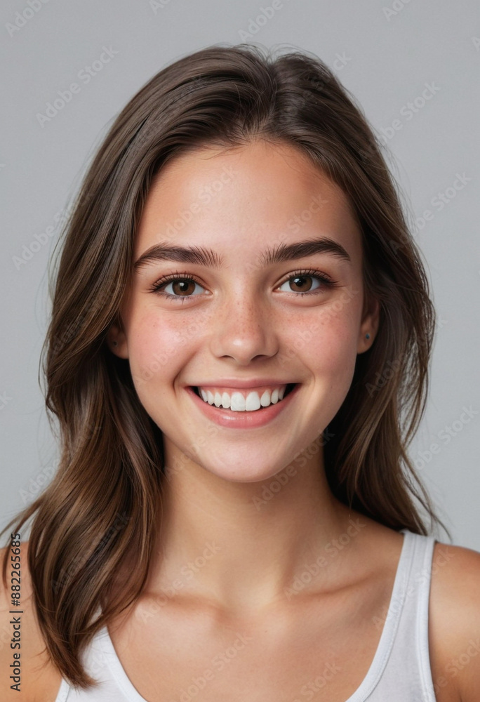 Portrait view of a regular happy smiling Georgia girl, ultra realistic, candid, social media, avatar image, plain solid background Portrait view of a regular happy smiling Georgia girl, ultra realistic, candid, social media, avatar image, plain solid background