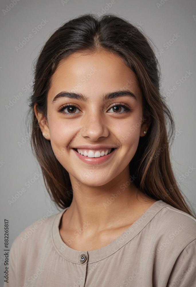 Portrait view of a regular happy smiling Iraq girl, ultra realistic, candid, social media, avatar image, plain solid background Portrait view of a regular happy smiling Iraq girl, ultra realistic, candid, social media, avatar image, plain solid background