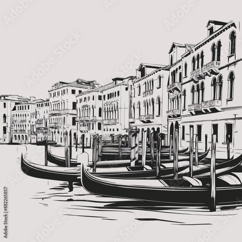 Flat sketch drawing of Venice canals and gondolas, minimalist style, monochrome, detailed line work, architectural elements, centered composition