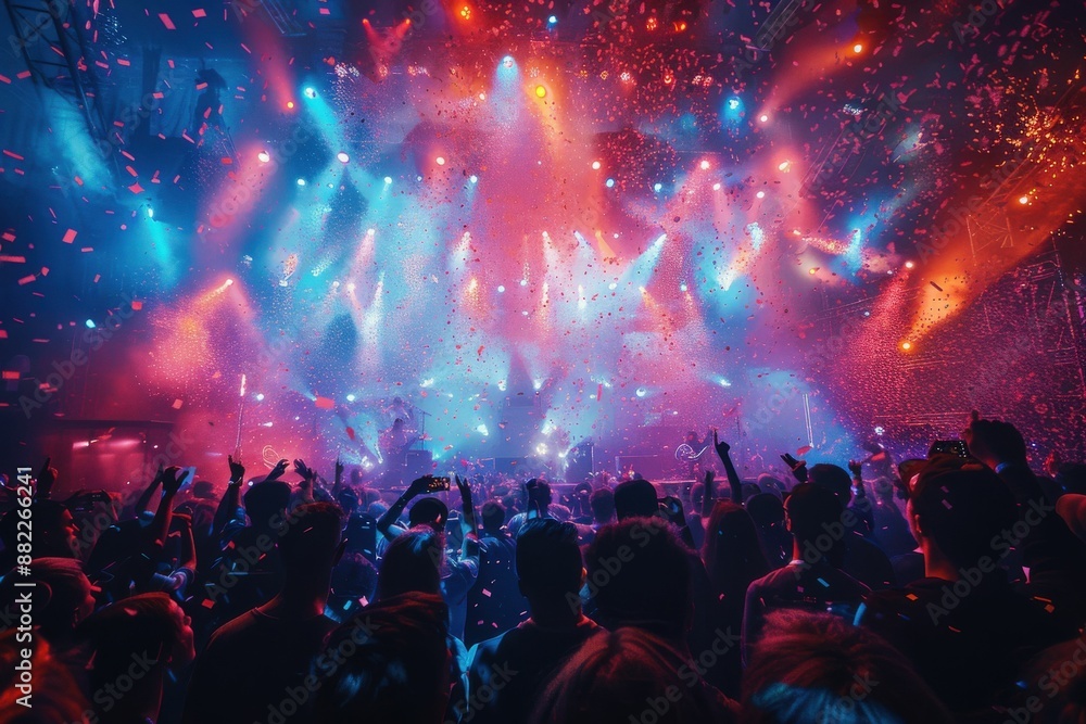 Energetic Concert Crowd Enjoying Live Music Performance with Colorful Lights and Confetti Energetic Concert Crowd Enjoying Live Music Performance with Colorful Lights and Confetti