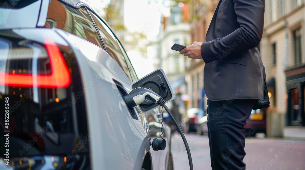 Ultra-Realistic Image of a Man Charging Electric Car on City Street Ultra-Realistic Image of a Man Charging Electric Car on City Street