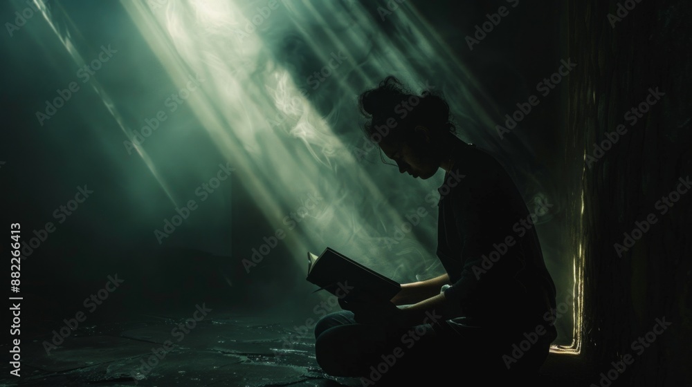 Moody silhouette of a person reading a book in dim light. Soft rays of sunlight pierce through the shadows, creating a serene atmosphere. Perfect for depicting solitude or inner reflection. AI Moody silhouette of a person reading a book in dim light. Soft rays of sunlight pierce through the shadows, creating a serene atmosphere. Perfect for depicting solitude or inner reflection. AI
