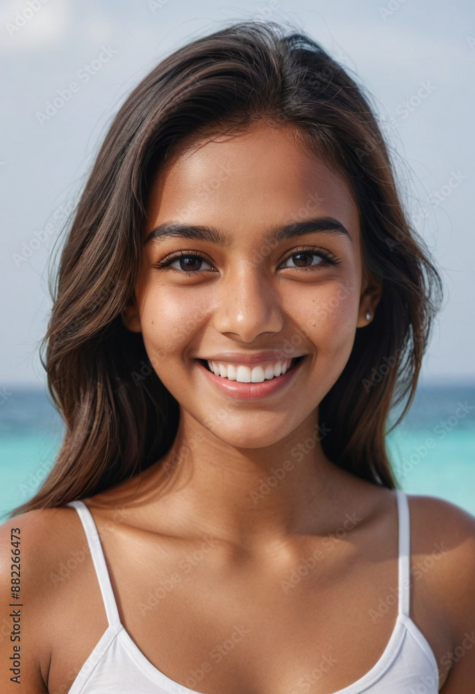 Portrait view of a regular happy smiling Maldives girl, ultra realistic, candid, social media, avatar image, plain solid background Portrait view of a regular happy smiling Maldives girl, ultra realistic, candid, social media, avatar image, plain solid background