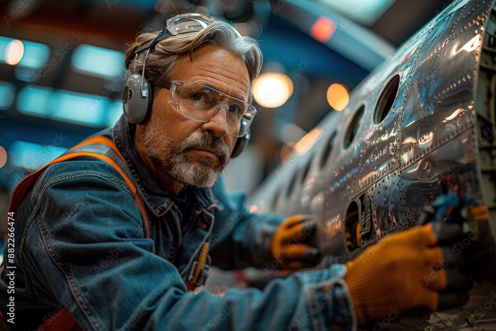 A man with safety glasses and gloves works diligently on aircraft maintenance, embodying precision, expertise, and focus in a controlled industrial environment. A man with safety glasses and gloves works diligently on aircraft maintenance, embodying precision, expertise, and focus in a controlled industrial environment.