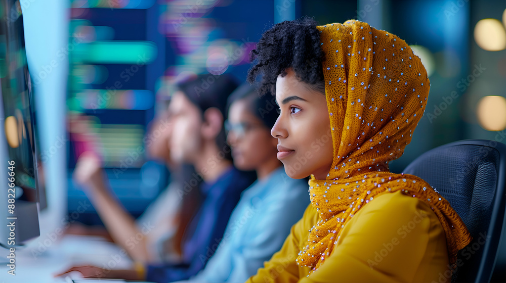 Muslim Black Woman in Hijab Working on Computer, Coding, Learning AI Software, Student in IT Lab, Female in Tech Industry, DEIB. Muslim Black Woman in Hijab Working on Computer, Coding, Learning AI Software, Student in IT Lab, Female in Tech Industry, DEIB.